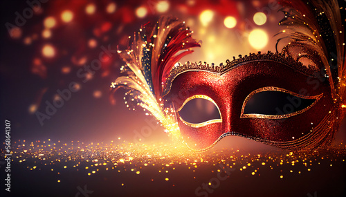 Top view of Venetian mask, mardi gras mask, or disguise on bokeh background. Generative AI 