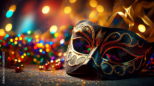Top view of Venetian mask, mardi gras mask, or disguise on bokeh background. Generative AI