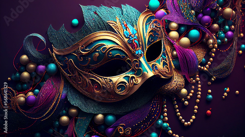 Top view of Venetian mask, mardi gras mask, or disguise on bokeh background. Generative AI 