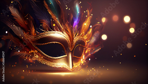 Golden carnival mask with colorful feather. Golden lights background. Venice carnival glamours design. Generative AI © Studio Multiverse