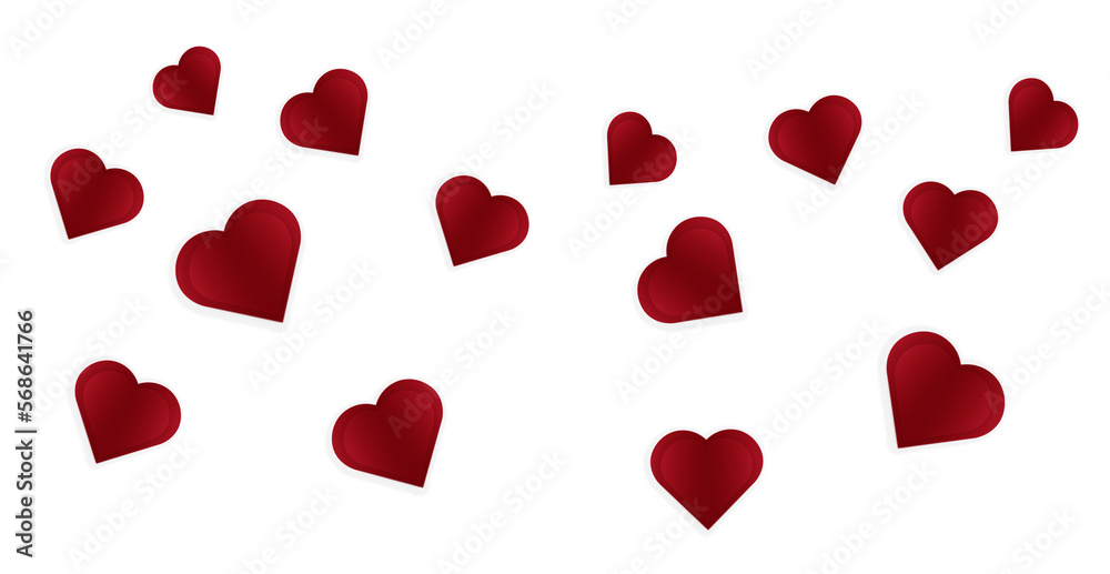 Valentine's day background with red hearts like balloons on transparent background, flat lay, PNG image