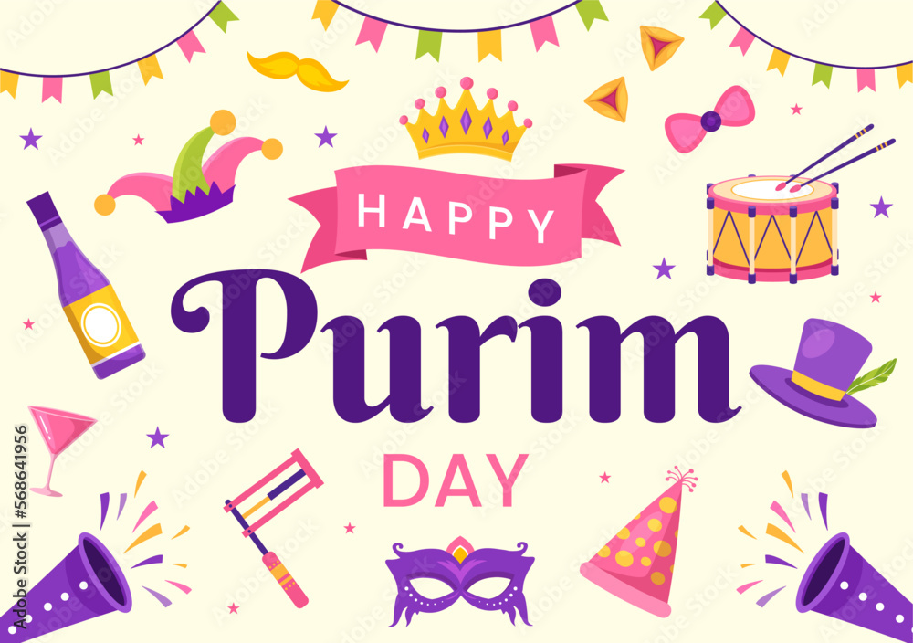 Happy Purim Illustration with Carnival Masks, Jewish Holiday and Funfair in Flat Cartoon Hand Drawn for Web Banner or Landing Page Templates