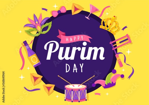 Happy Purim Illustration with Carnival Masks, Jewish Holiday and Funfair in Flat Cartoon Hand Drawn for Web Banner or Landing Page Templates