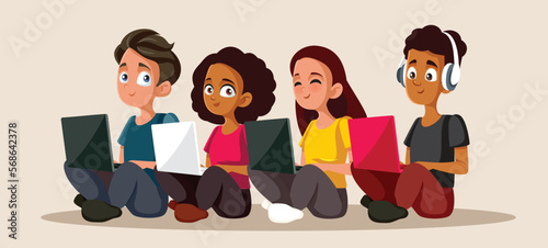 Teenagers Studying on their Laptop Devices Vector Cartoon Illustration. Happy students using technology for their homework assignments 