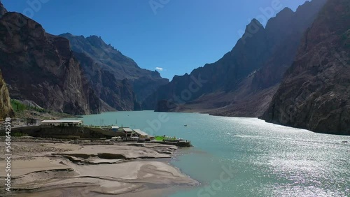 Aerial view flying over scenic Attabad Lake, Hunza Valley, Pakistan photo