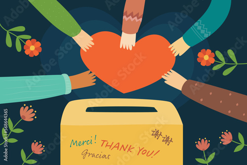 Hands connected with a red heart, nonprofit appeal for charity, donation and fundraising, thank you in English, Spanish, French and Chinese. Vector illustration.