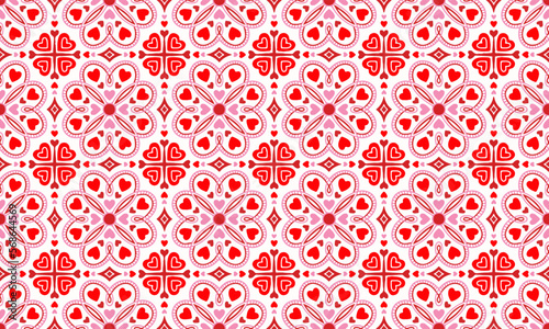 Ethnic Abstract Background cute Valentines Day Love Heart Flower red pink motif geometric tribal folk oriental native pattern traditional design carpet wallpaper clothing fabric wrapping print vector