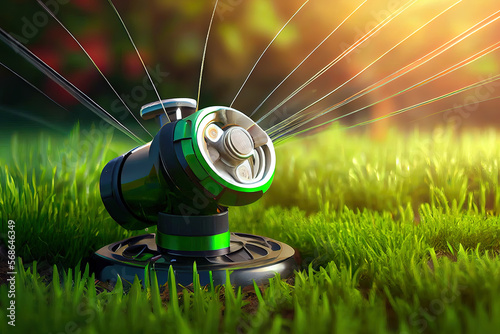 sprinkler head watering the bush and green grass in the garden. Generative Ai