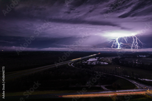 Aerial view of thunderstorm shoot from drone. Beautiful dark view with lightning. 