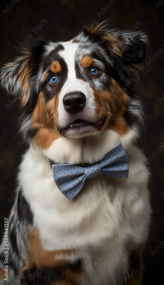 Stylish Humanoid Gentleman Dog in a Formal Well-Made Bow Tie at a Business Dance Party Ball Celebration - Realistic Portrait Illustration Art Showcasing Cute and Cool Australian Shepherd generative AI
