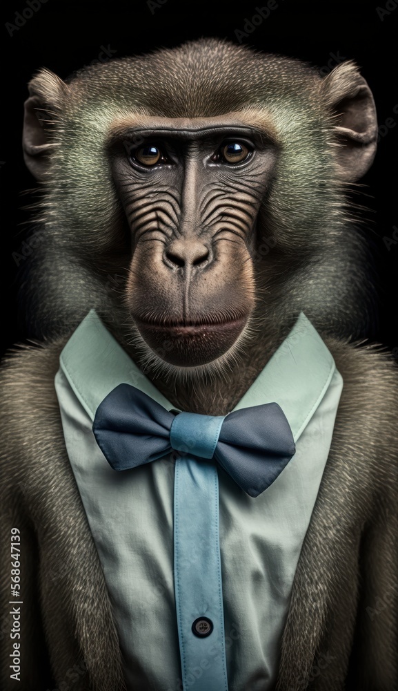 Stylish Humanoid Gentleman Animal in a Formal Well-Made Bow Tie at a Business Dance Party Ball Celebration - Realistic Portrait Illustration Art Showcasing Cute and Cool Baboon  (generative AI)