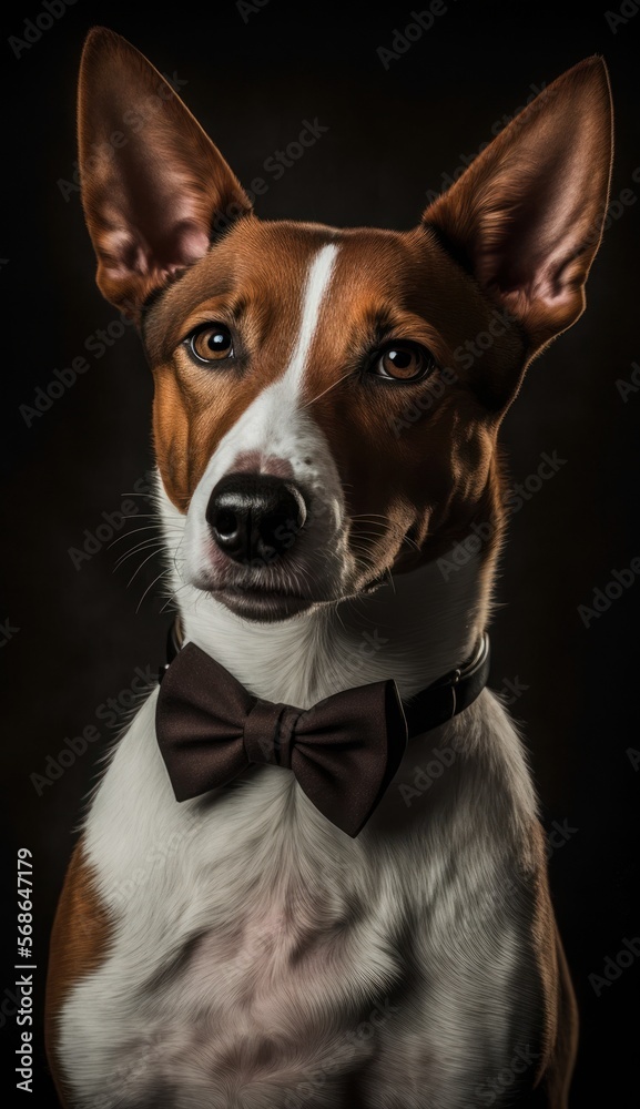Stylish Humanoid Gentleman Dog in a Formal Well-Made Bow Tie at a Business Dance Party Ball Celebration - Realistic Portrait Illustration Art Showcasing Cute and Cool Basenji  (generative AI)