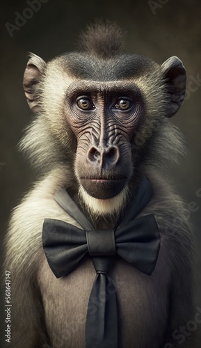 Stylish Humanoid Gentleman Animal in a Formal Well-Made Bow Tie at a Business Dance Party Ball Celebration - Realistic Portrait Illustration Art Showcasing Cute and Cool Baboon  (generative AI) © Get Stock
