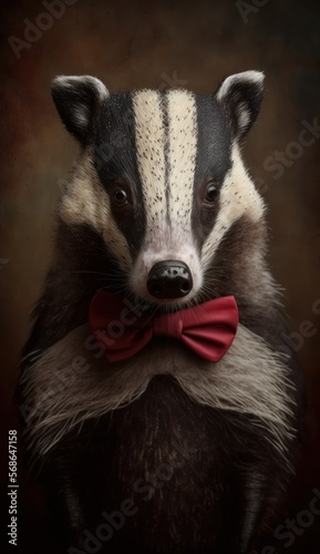 Stylish Humanoid Gentleman Animal in a Formal Well-Made Bow Tie at a Business Dance Party Ball Celebration - Realistic Portrait Illustration Art Showcasing Cute and Cool Badger (generative AI)