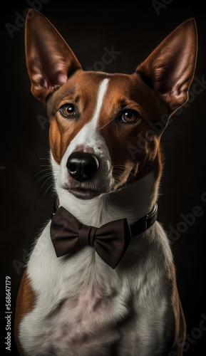 Stylish Humanoid Gentleman Dog in a Formal Well-Made Bow Tie at a Business Dance Party Ball Celebration - Realistic Portrait Illustration Art Showcasing Cute and Cool Basenji  (generative AI) © Get Stock