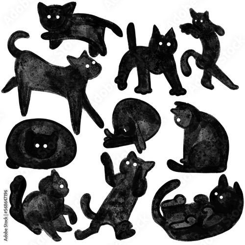 Hand-drawn cat illustrations, 手描きの猫ベクターイラスト、かわいい黒ねこ
