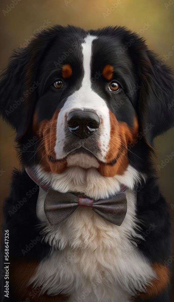 Stylish Humanoid Gentleman Dog in a Formal Well-Made Bow Tie at a Business Dance Party Ball Celebration-Realistic Portrait Illustration Art Showcasing Cute and Cool Bernese Mountain Dog generative AI