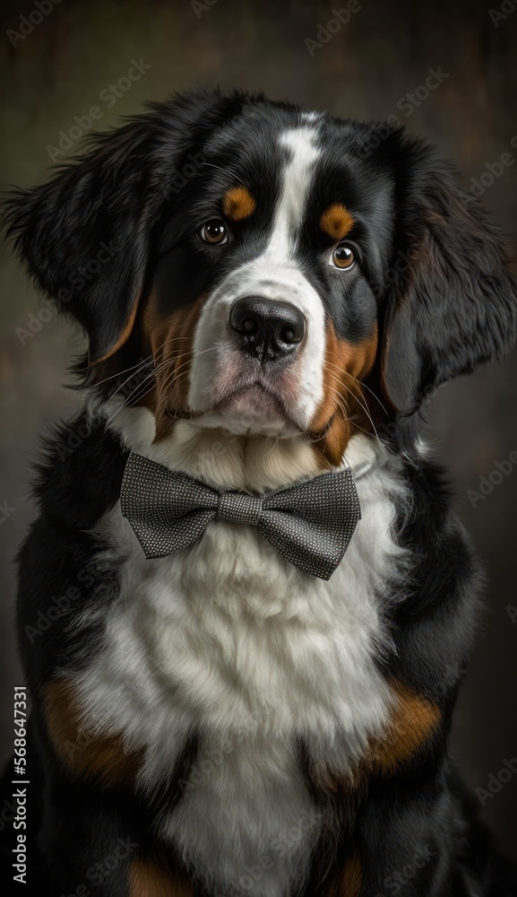 Stylish Humanoid Gentleman Dog in a Formal Well-Made Bow Tie at a Business Dance Party Ball Celebration-Realistic Portrait Illustration Art Showcasing Cute and Cool Bernese Mountain Dog generative AI