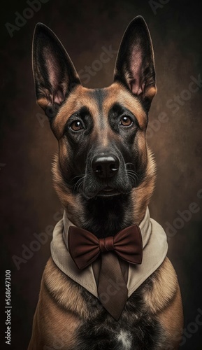 Stylish Humanoid Gentleman Dog in a Formal Well-Made Bow Tie at a Business Dance Party Ball Celebration - Realistic Portrait Illustration Art Showcasing Cute and Cool Belgian Malinois (generative AI)
