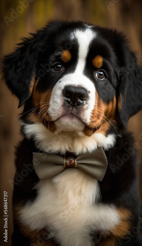 Stylish Humanoid Gentleman Dog in a Formal Well-Made Bow Tie at a Business Dance Party Ball Celebration-Realistic Portrait Illustration Art Showcasing Cute and Cool Bernese Mountain Dog generative AI