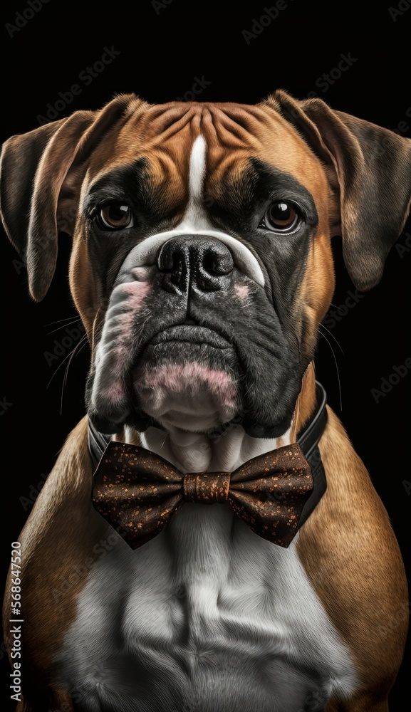 Stylish Humanoid Gentleman Dog in a Formal Well-Made Bow Tie at a Business Dance Party Ball Celebration - Realistic Portrait Illustration Art Showcasing Cute and Cool Boxer  (generative AI)