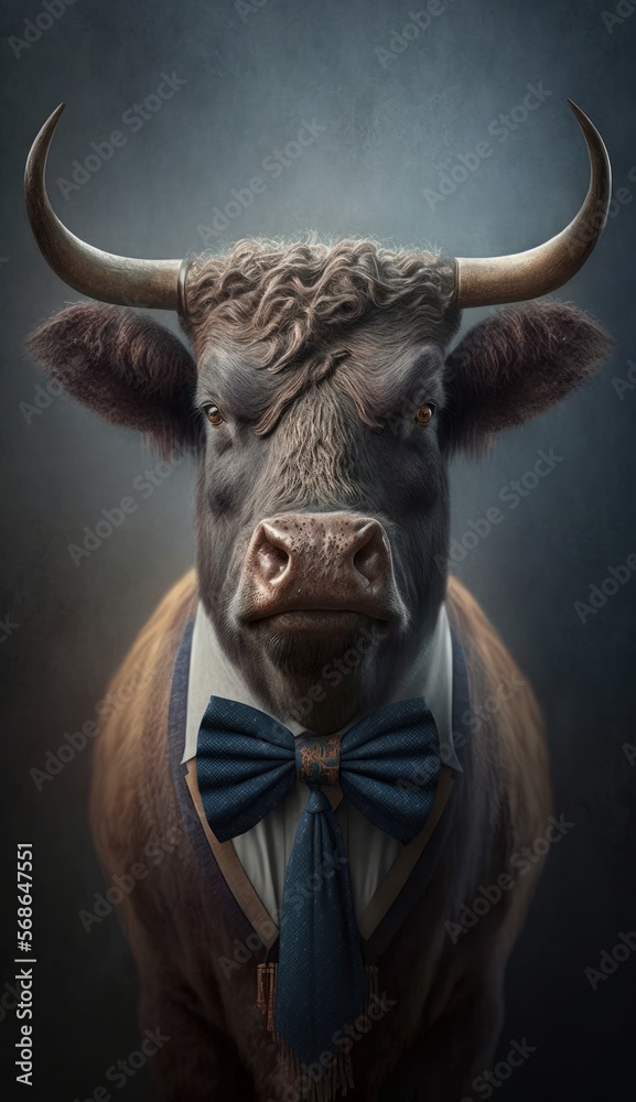 Stylish Humanoid Gentleman Animal in a Formal Well-Made Bow Tie at a Business Dance Party Ball Celebration - Realistic Portrait Illustration Art Showcasing Cute and Cool Bull  (generative AI)