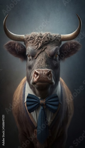 Stylish Humanoid Gentleman Animal in a Formal Well-Made Bow Tie at a Business Dance Party Ball Celebration - Realistic Portrait Illustration Art Showcasing Cute and Cool Bull (generative AI)