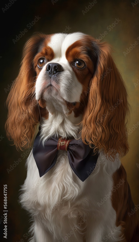 Stylish Humanoid Gentleman Dog in a Formal Well-Made Bow Tie at a Business Dance Party Ball Celebration - Realistic Portrait Illustration Art Showcasing Cute and Cool Cavalier King Charles Spaniel Stylish Humanoid Gentleman Dog in a Formal Well-Made Bow Tie at a Business Dance Party Ball Celebration - Realistic Portrait Illustration Art Showcasing Cute and Cool Cavalier King Charles Spaniel