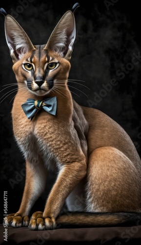 Stylish Humanoid Gentleman Animal in a Formal Well-Made Bow Tie at a Business Dance Party Ball Celebration - Realistic Portrait Illustration Art Showcasing Cute and Cool Caracal   generative AI 