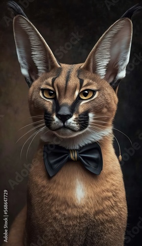 Stylish Humanoid Gentleman Animal in a Formal Well-Made Bow Tie at a Business Dance Party Ball Celebration - Realistic Portrait Illustration Art Showcasing Cute and Cool Caracal (generative AI)