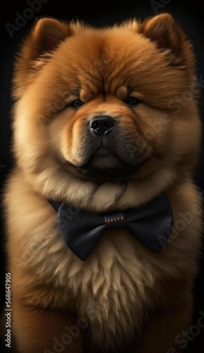 Stylish Humanoid Gentleman Dog in a Formal Well-Made Bow Tie at a Business Dance Party Ball Celebration - Realistic Portrait Illustration Art Showcasing Cute and Cool Chow Chow   generative AI 