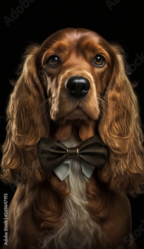 Stylish Humanoid Gentleman Dog in a Formal Well-Made Bow Tie at a Business Dance Party Ball Celebration - Realistic Portrait Illustration Art Showcasing Cute and Cool Cocker Spaniel  (generative AI) © Get Stock