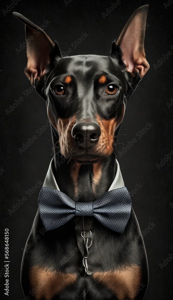Stylish Humanoid Gentleman Dog in a Formal Well-Made Bow Tie at a Business Dance Party Ball Celebration - Realistic Portrait Illustration Art Showcasing Cute and Cool Doberman Pinscher (generative AI)