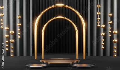 3d render black podium background showcases a premium  minimal and modern design with a combination of geometric shapes  golden glitter and a realistic studio room setting  creating a perfect platform