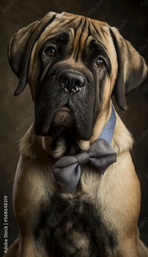 Stylish Humanoid Gentleman Dog in a Formal Well-Made Bow Tie at a Business Dance Party Ball Celebration - Realistic Portrait Illustration Art Showcasing Cute and Cool English Mastiff (generative AI) Stylish Humanoid Gentleman Dog in a Formal Well-Made Bow Tie at a Business Dance Party Ball Celebration - Realistic Portrait Illustration Art Showcasing Cute and Cool English Mastiff (generative AI)
