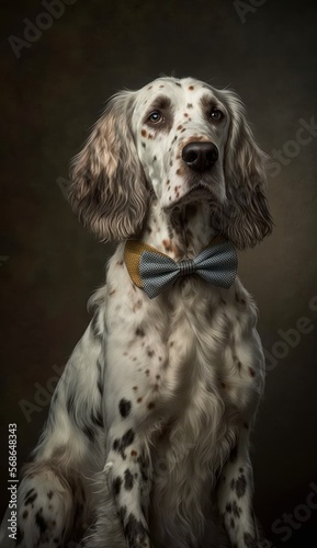 Stylish Humanoid Gentleman Dog in a Formal Well-Made Bow Tie at a Business Dance Party Ball Celebration - Realistic Portrait Illustration Art Showcasing Cute and Cool English Setter  (generative AI)