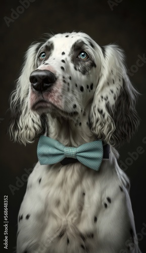 Stylish Humanoid Gentleman Dog in a Formal Well-Made Bow Tie at a Business Dance Party Ball Celebration - Realistic Portrait Illustration Art Showcasing Cute and Cool English Setter  (generative AI)