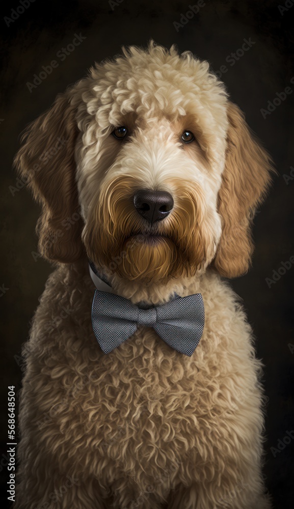Stylish Humanoid Gentleman Dog in a Formal Well-Made Bow Tie at a Business Dance Party Ball Celebration - Realistic Portrait Illustration Art Showcasing Cute and Cool Golden Doodle  (generative AI)
