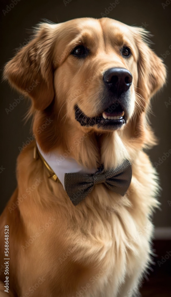 Stylish Humanoid Gentleman Dog in a Formal Well-Made Bow Tie at a Business Dance Party Ball Celebration - Realistic Portrait Illustration Art Showcasing Cute and Cool Golden Retriever (generative AI) Stylish Humanoid Gentleman Dog in a Formal Well-Made Bow Tie at a Business Dance Party Ball Celebration - Realistic Portrait Illustration Art Showcasing Cute and Cool Golden Retriever (generative AI)