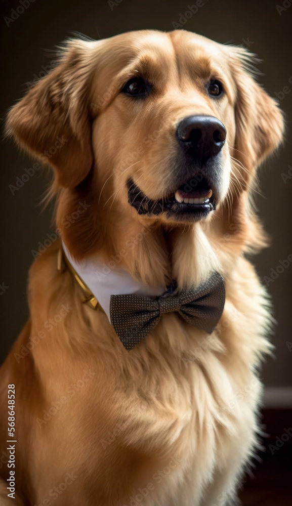 Stylish Humanoid Gentleman Dog in a Formal Well-Made Bow Tie at a Business Dance Party Ball Celebration - Realistic Portrait Illustration Art Showcasing Cute and Cool Golden Retriever  (generative AI)