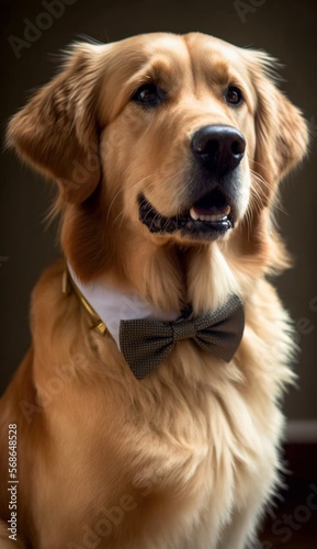 Stylish Humanoid Gentleman Dog in a Formal Well-Made Bow Tie at a Business Dance Party Ball Celebration - Realistic Portrait Illustration Art Showcasing Cute and Cool Golden Retriever   generative AI 
