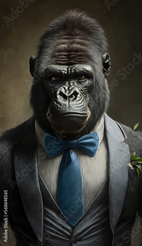 Stylish Humanoid Gentleman Animal in a Formal Well-Made Bow Tie at a Business Dance Party Ball Celebration - Realistic Portrait Illustration Art Showcasing Cute and Cool Gorilla  (generative AI) © Get Stock