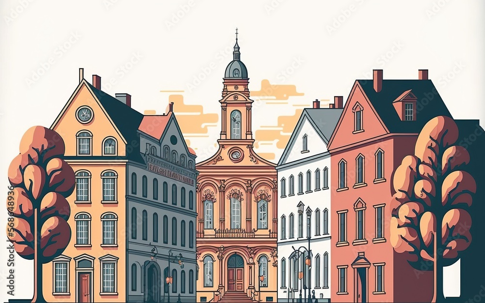 old city with cobblestone streets, quaint buildings, and a rich cultural heritage, made with generative ai, vector style, flat, illustration, cartoon, line