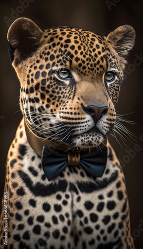 Stylish Humanoid Gentleman Animal in a Formal Well-Made Bow Tie at a Business Dance Party Ball Celebration - Realistic Portrait Illustration Art Showcasing Cute and Cool Jaguar   generative AI 