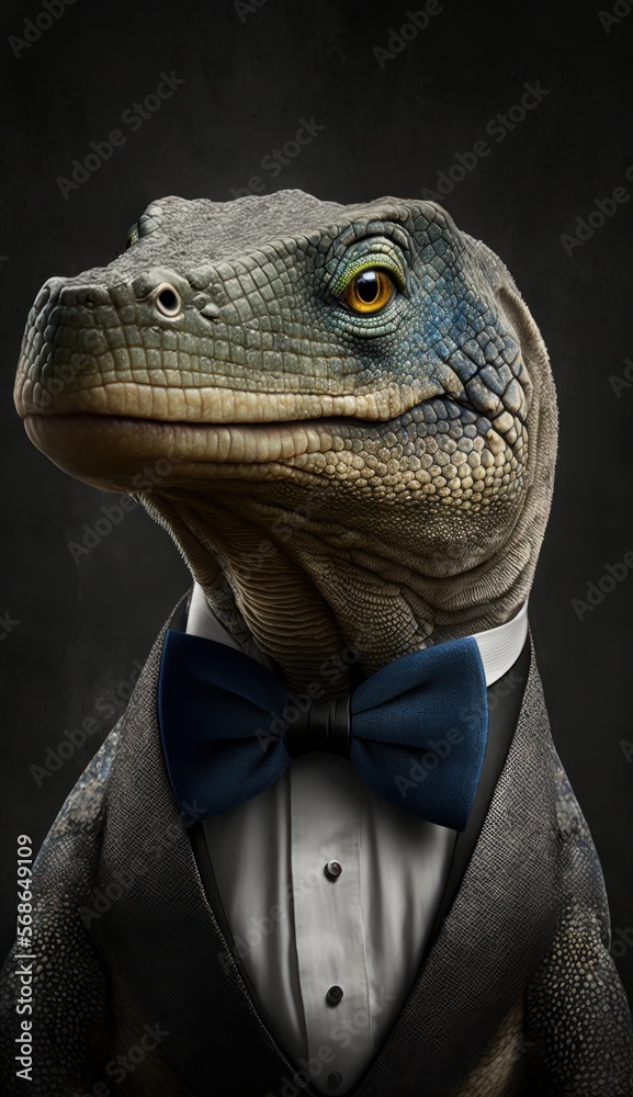 Stylish Humanoid Gentleman Animal in a Formal Well-Made Bow Tie at a Business Dance Party Ball Celebration - Realistic Portrait Illustration Art Showcasing Cute and Cool Komodo Dragon  (generative AI)
