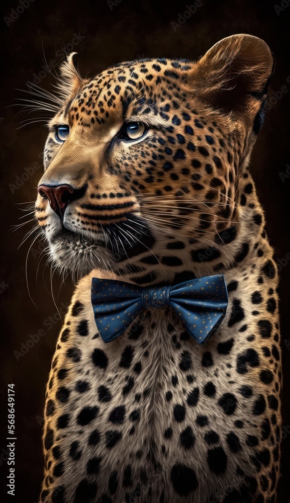 Fototapeta premium Stylish Humanoid Gentleman Animal in a Formal Well-Made Bow Tie at a Business Dance Party Ball Celebration - Realistic Portrait Illustration Art Showcasing Cute and Cool Leopard (generative AI)