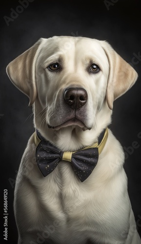 Stylish Humanoid Gentleman Dog in a Formal Well-Made Bow Tie at a Business Dance Party Ball Celebration - Realistic Portrait Illustration Art Showcasing Cute and Cool Labrador Retriever generative AI