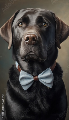 Stylish Humanoid Gentleman Dog in a Formal Well-Made Bow Tie at a Business Dance Party Ball Celebration - Realistic Portrait Illustration Art Showcasing Cute and Cool Labrador Retriever generative AI © Get Stock