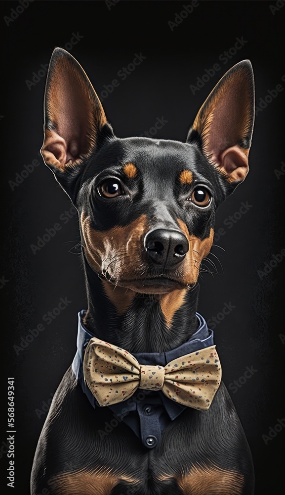 Obraz premium Stylish Humanoid Gentleman Dog in a Formal Well-Made Bow Tie at a Business Dance Party Ball Celebration - Realistic Portrait Illustration Art Showcasing Cute and Cool Miniature Pinscher generative AI