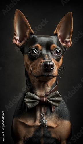 Stylish Humanoid Gentleman Dog in a Formal Well-Made Bow Tie at a Business Dance Party Ball Celebration - Realistic Portrait Illustration Art Showcasing Cute and Cool Miniature Pinscher generative AI